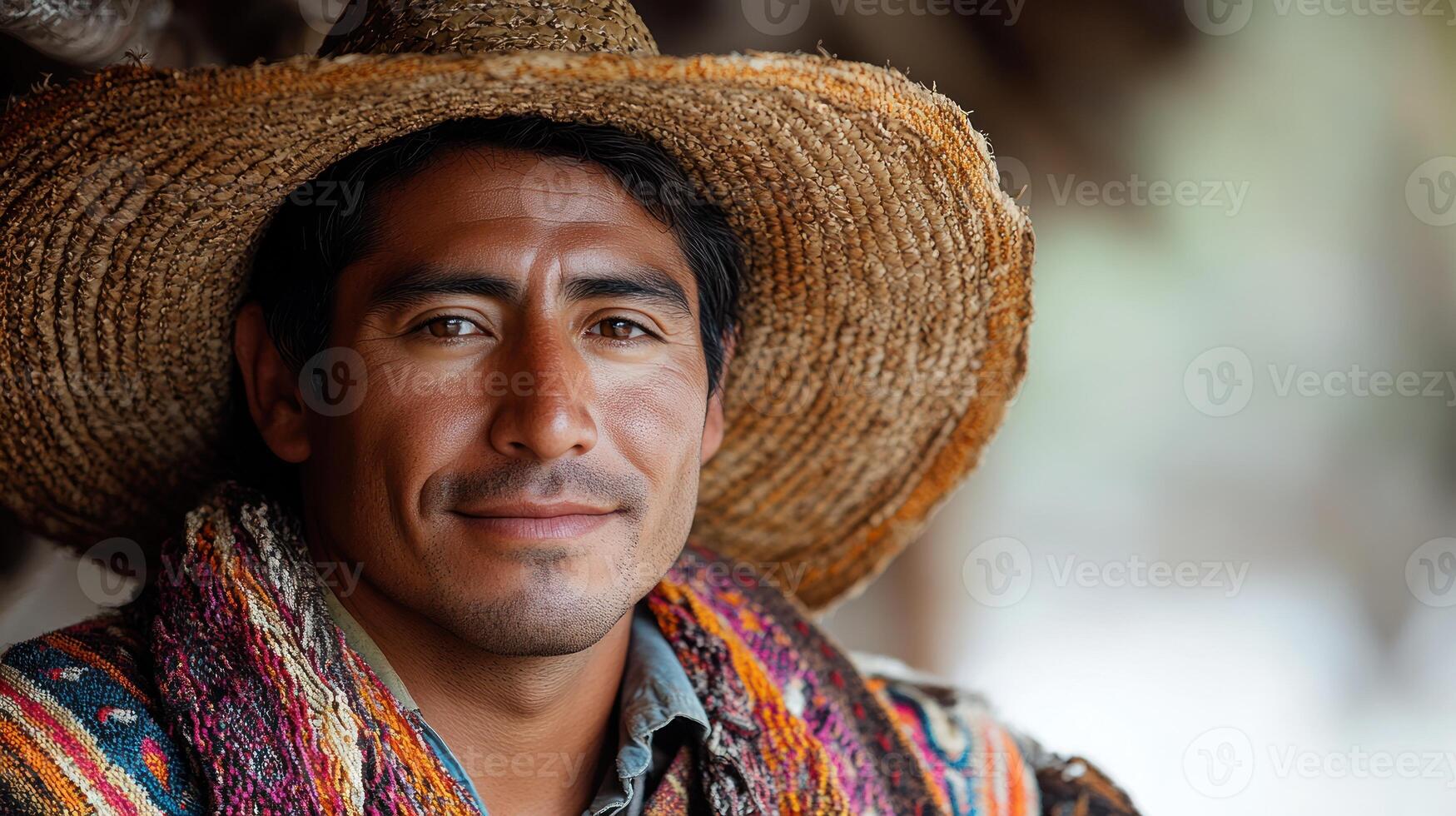 An artisan smiles warmly, showcasing cultural attire in a serene outdoor location photo