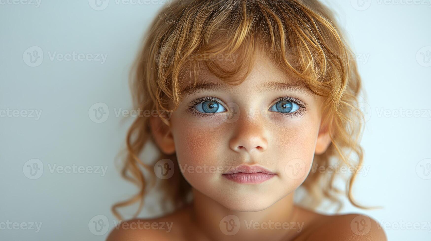 A charming child with golden curls and blue eyes gazes thoughtfully ahead photo