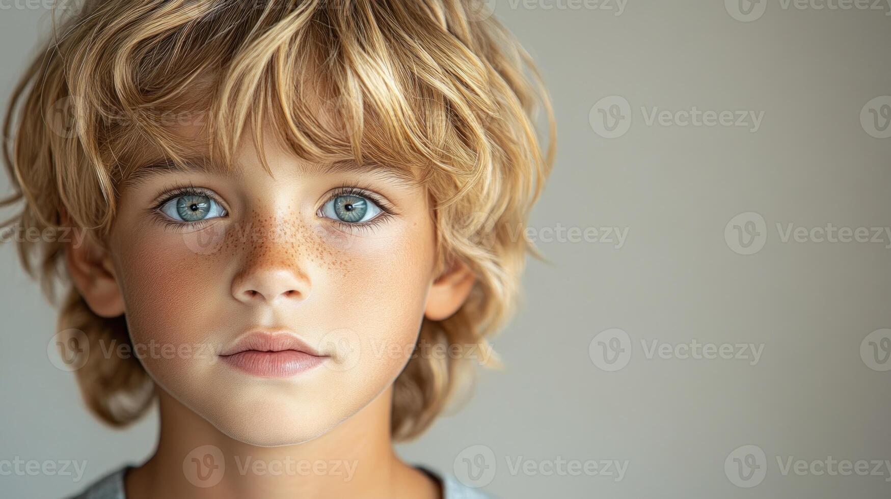 A young child with captivating blue eyes is lost in deep contemplation photo