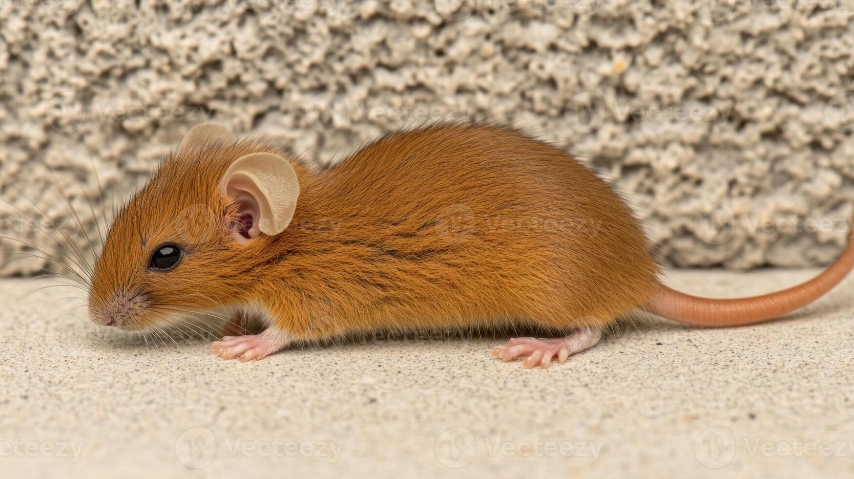 A small brown mouse scurries on a rough surface, showcasing its lively nature photo