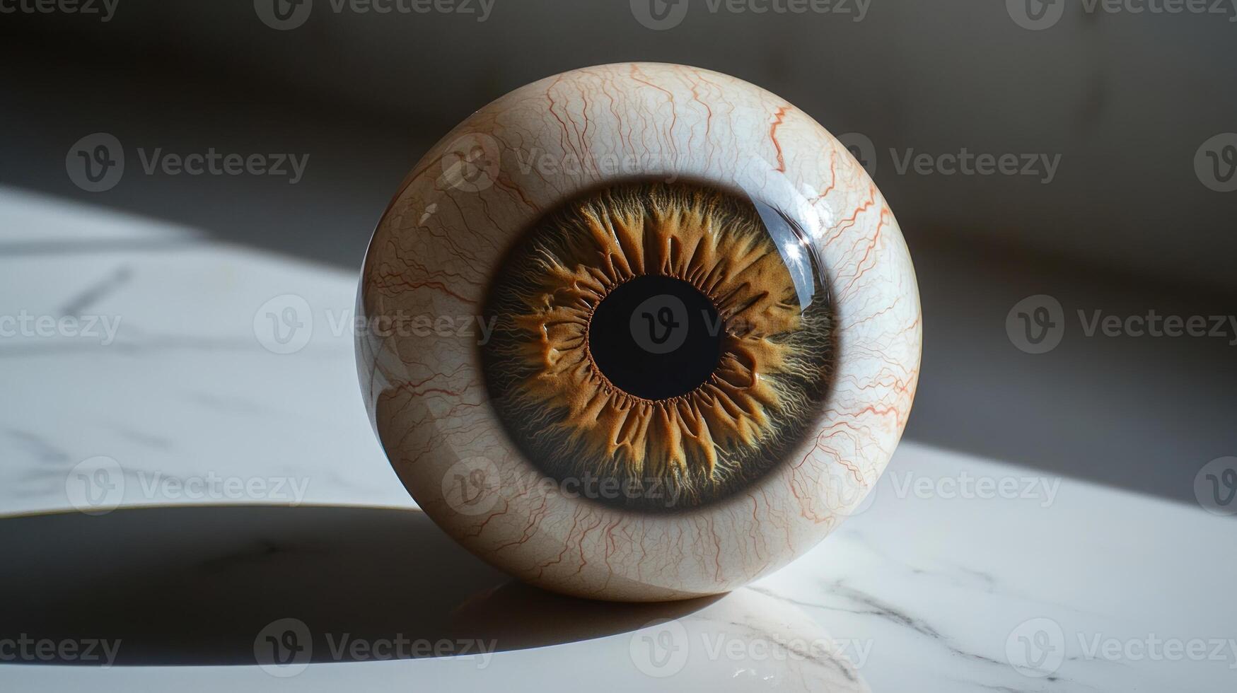 An intricately designed artificial eye lies on a smooth marble surface, casting a shadow photo