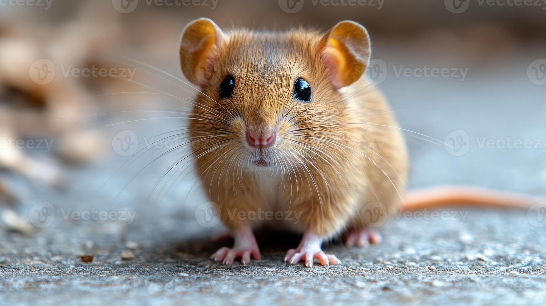 A small, inquisitive brown mouse ventures cautiously through the forest floor photo