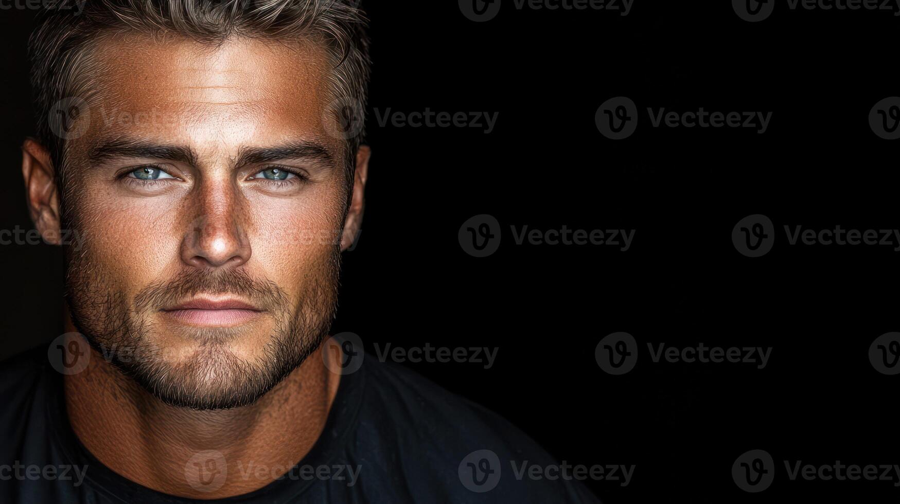 A captivating close-up of a man with striking features and a confident expression photo