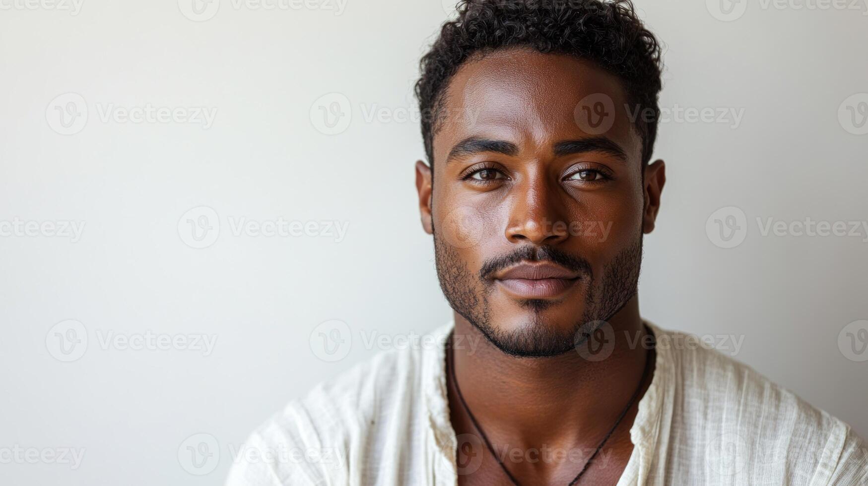 A young man with a gentle expression contemplates quietly in a well-lit room photo