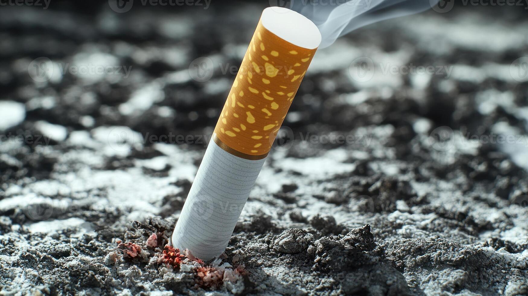 A cigarette stands upright in the ash-covered ground, smoke curling upward in solitude photo