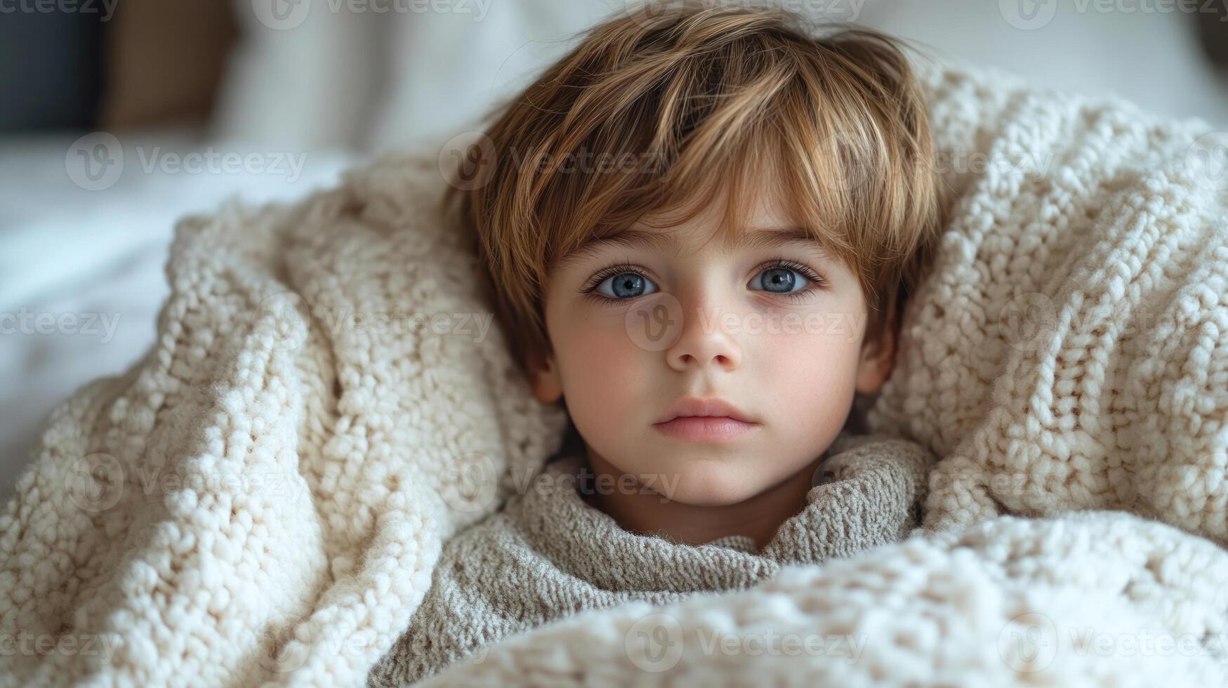 A child sits quietly, enveloped in a warm blanket, lost in thought and wonder photo