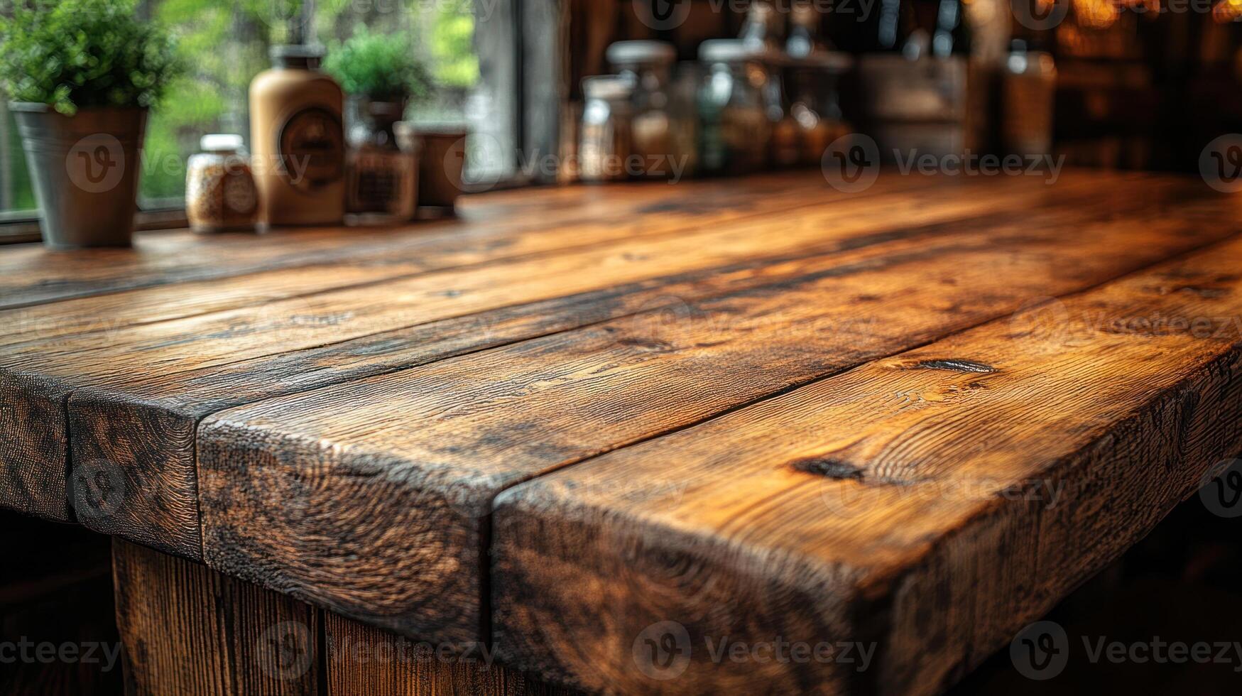 Rustic wooden table showcases natural beauty with greenery enhancing the warm atmosphere photo