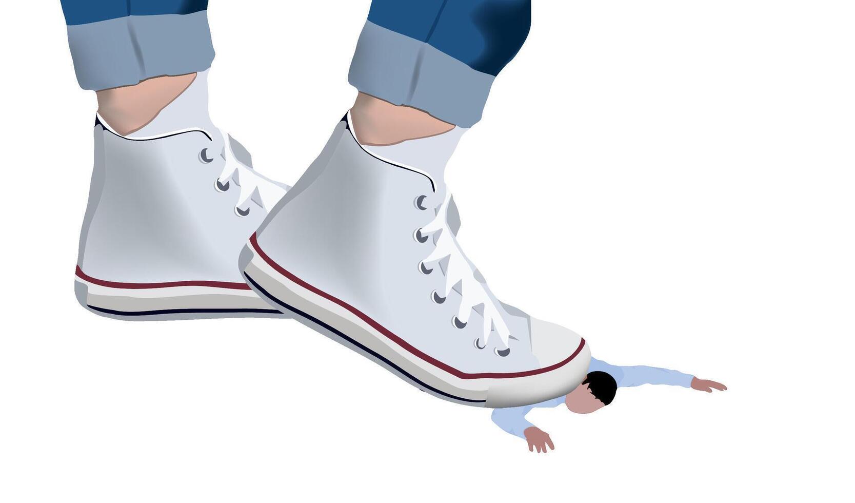 A cartoon man is standing on a shoe with his feet in the air vector