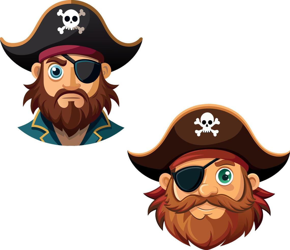 Two cartoon pirate captains wearing eyepatch and tricorn hats vector