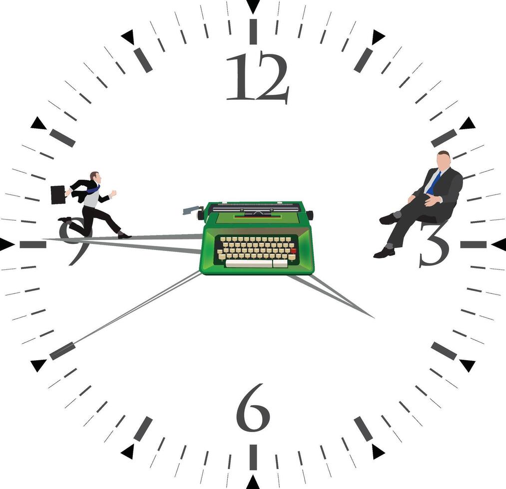 A clock with a man sitting on a typewriter and a man sitting on a chair vector