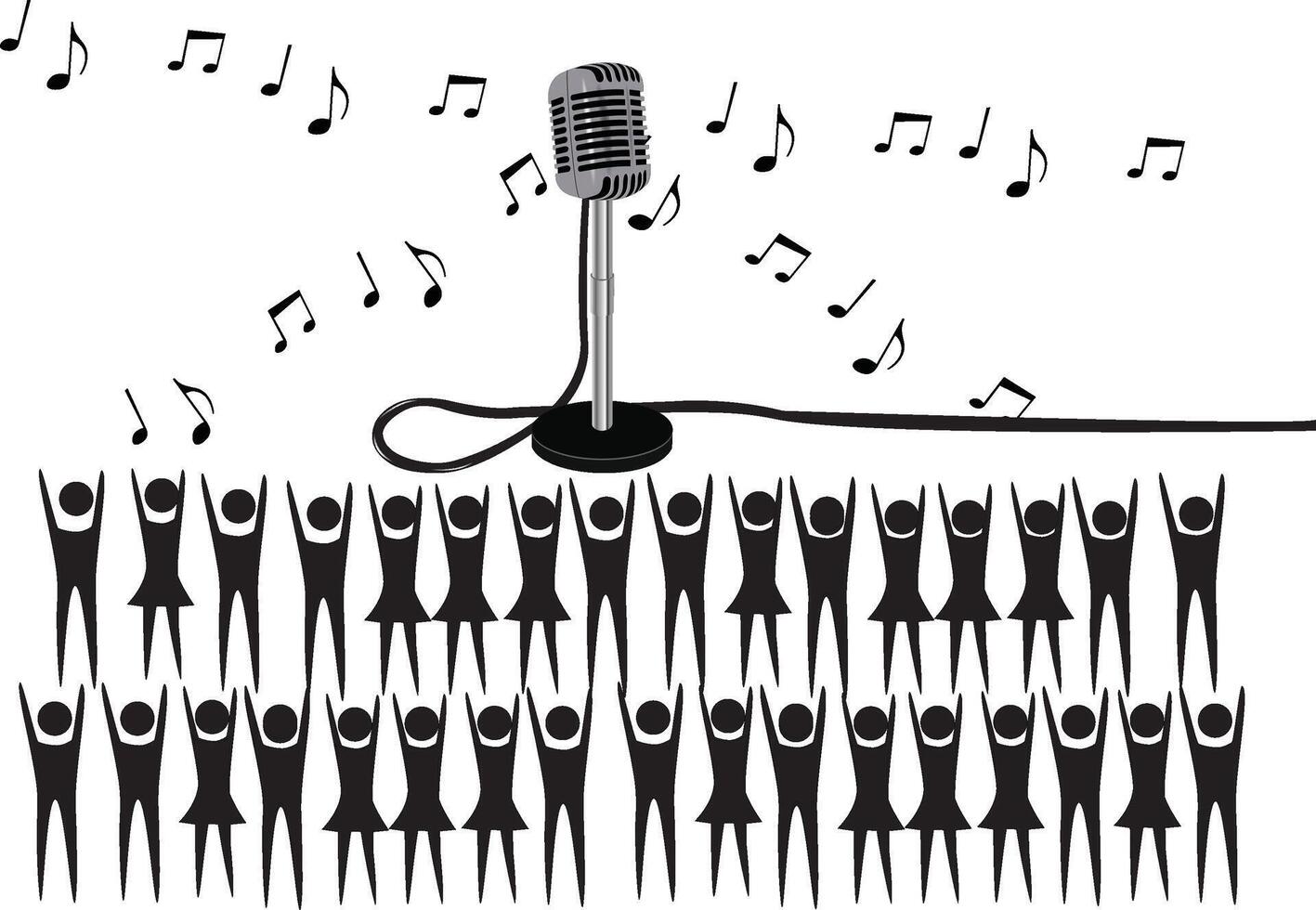 Crowd cheering at concert with vintage microphone and musical notes vector