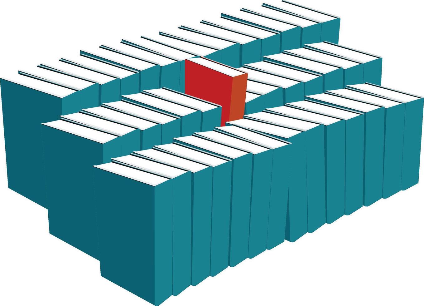A large stack of books with a red book in the middle vector