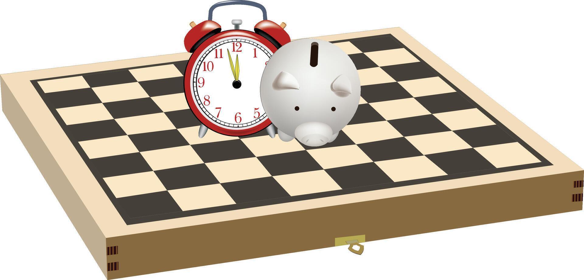 A piggy bank and an alarm clock on a chess board vector