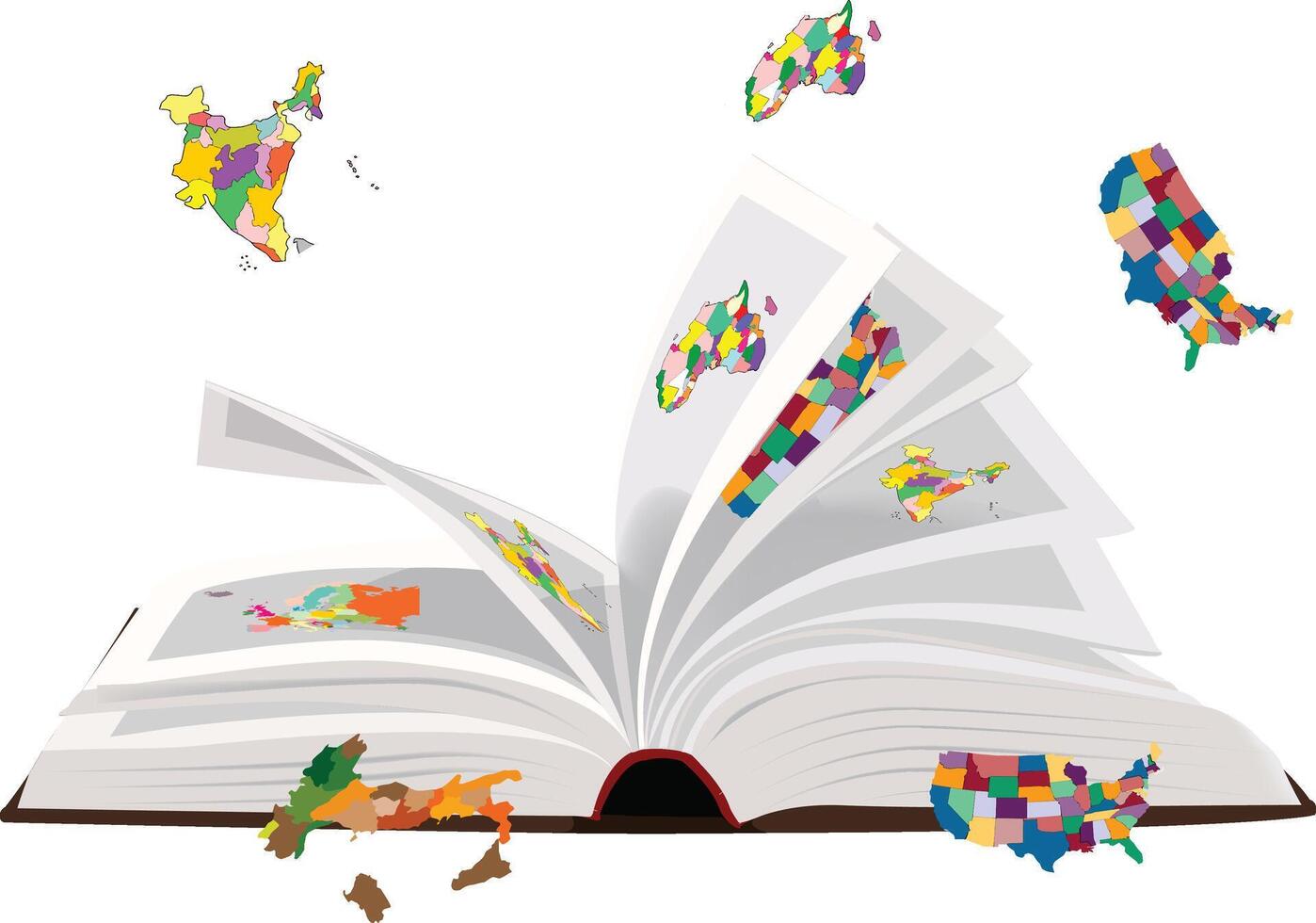 An open book with colorful maps flying out of it vector