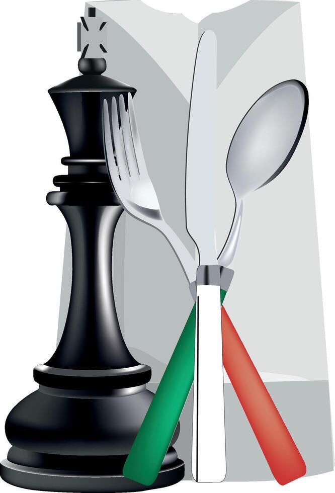 Black chess king holding fork with knife and spoon leaning on take away box vector