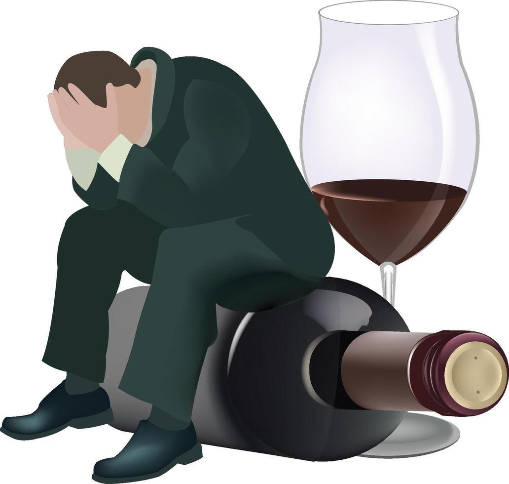 A man sitting on the floor with a bottle of wine and a glass vector