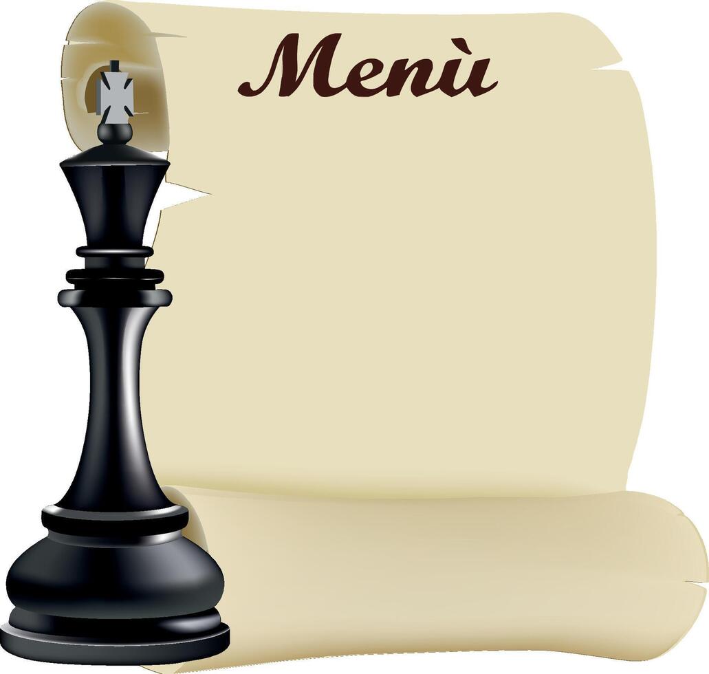 Black king chess piece next to old blank menu scroll vector