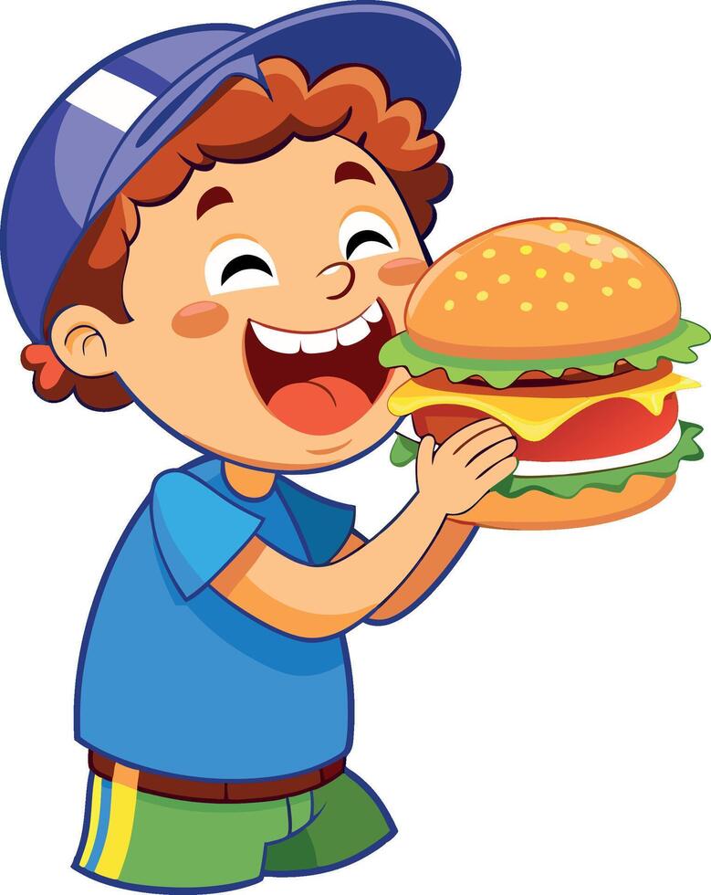 Happy boy eating a big burger with appetite vector