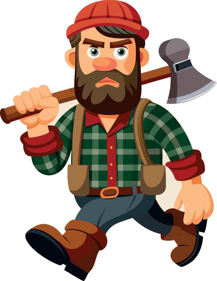 Angry lumberjack walking with axe on his shoulder vector