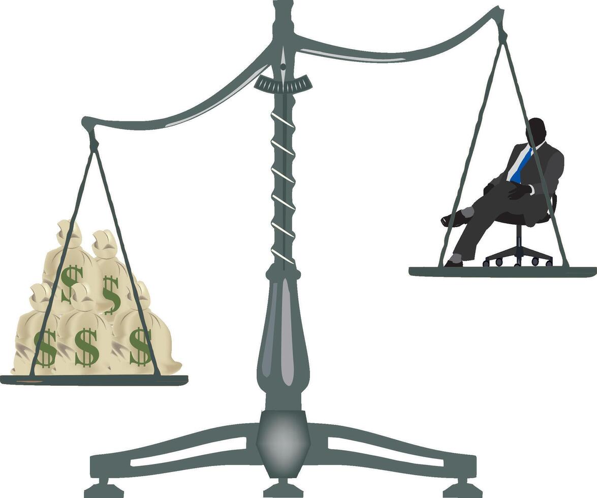 Businessman sitting on a balance scale with money vector