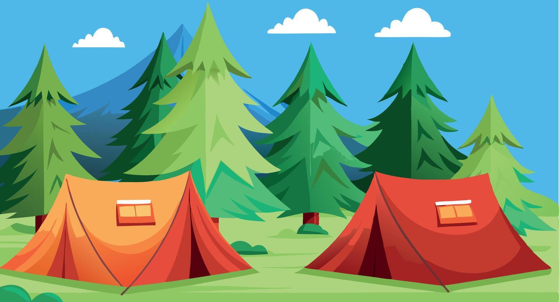 Camping tents surrounded by pine trees and mountains vector