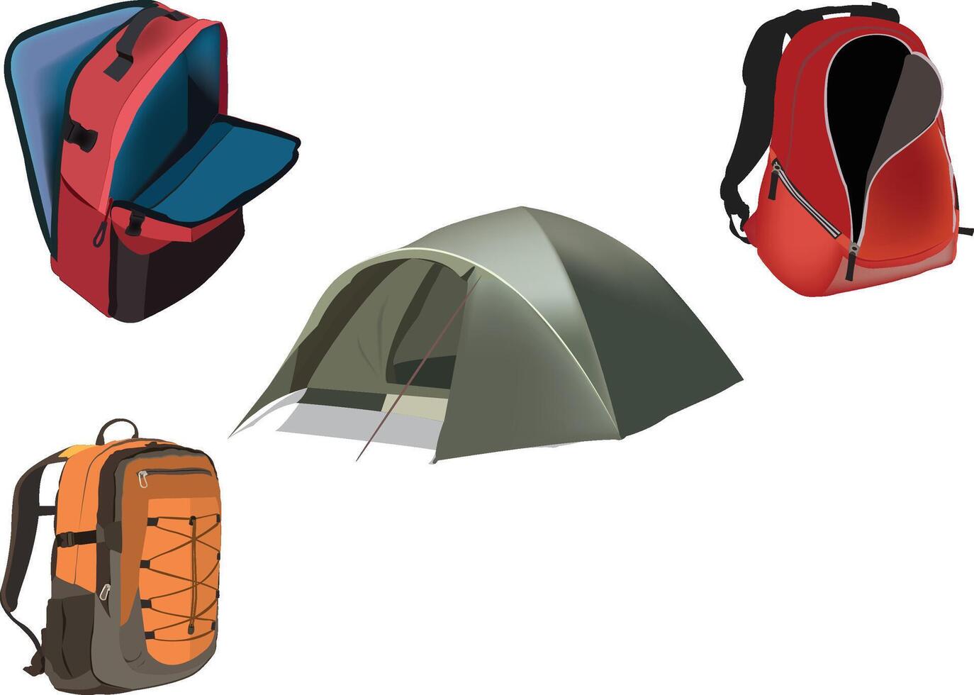 Various camping equipment and tents on a white background vector