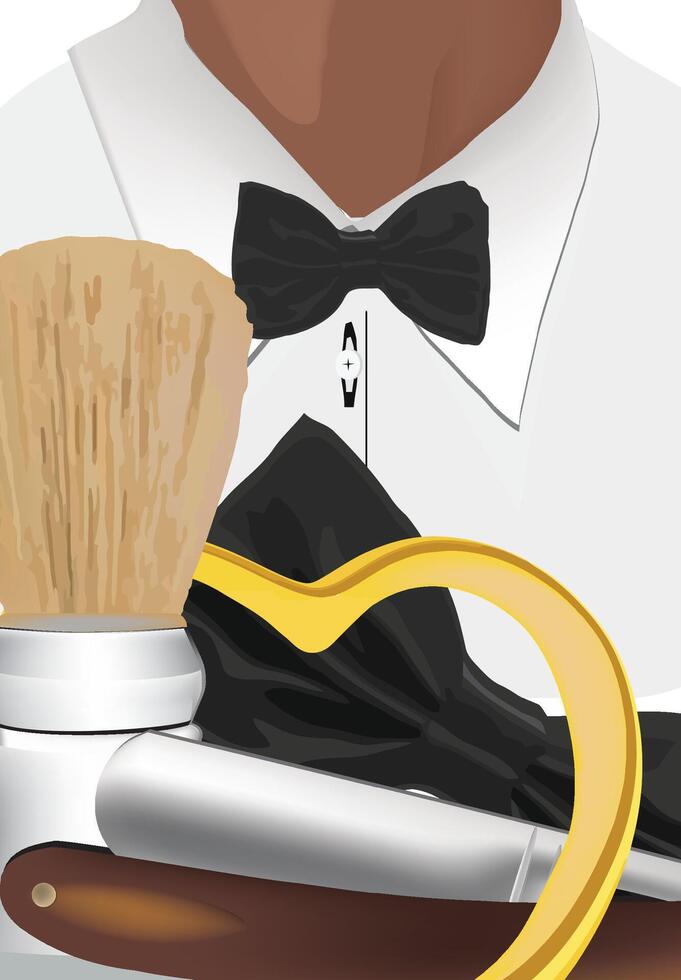 Barber holding shaving brush and straight razor getting ready for customer vector