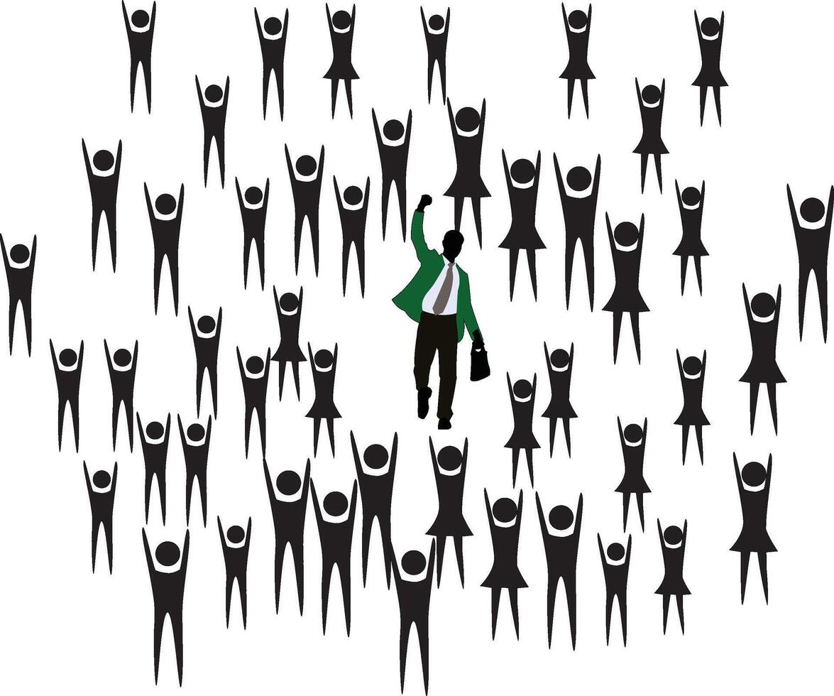 Businessman celebrating success with arms raised among crowd vector