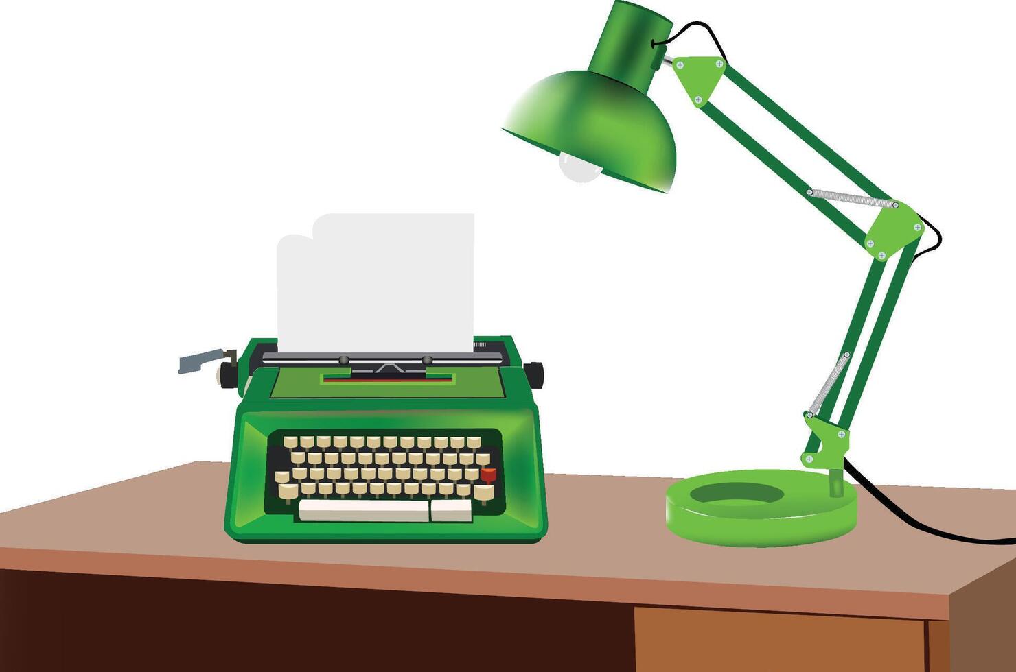 A green typewriter and lamp on a desk vector
