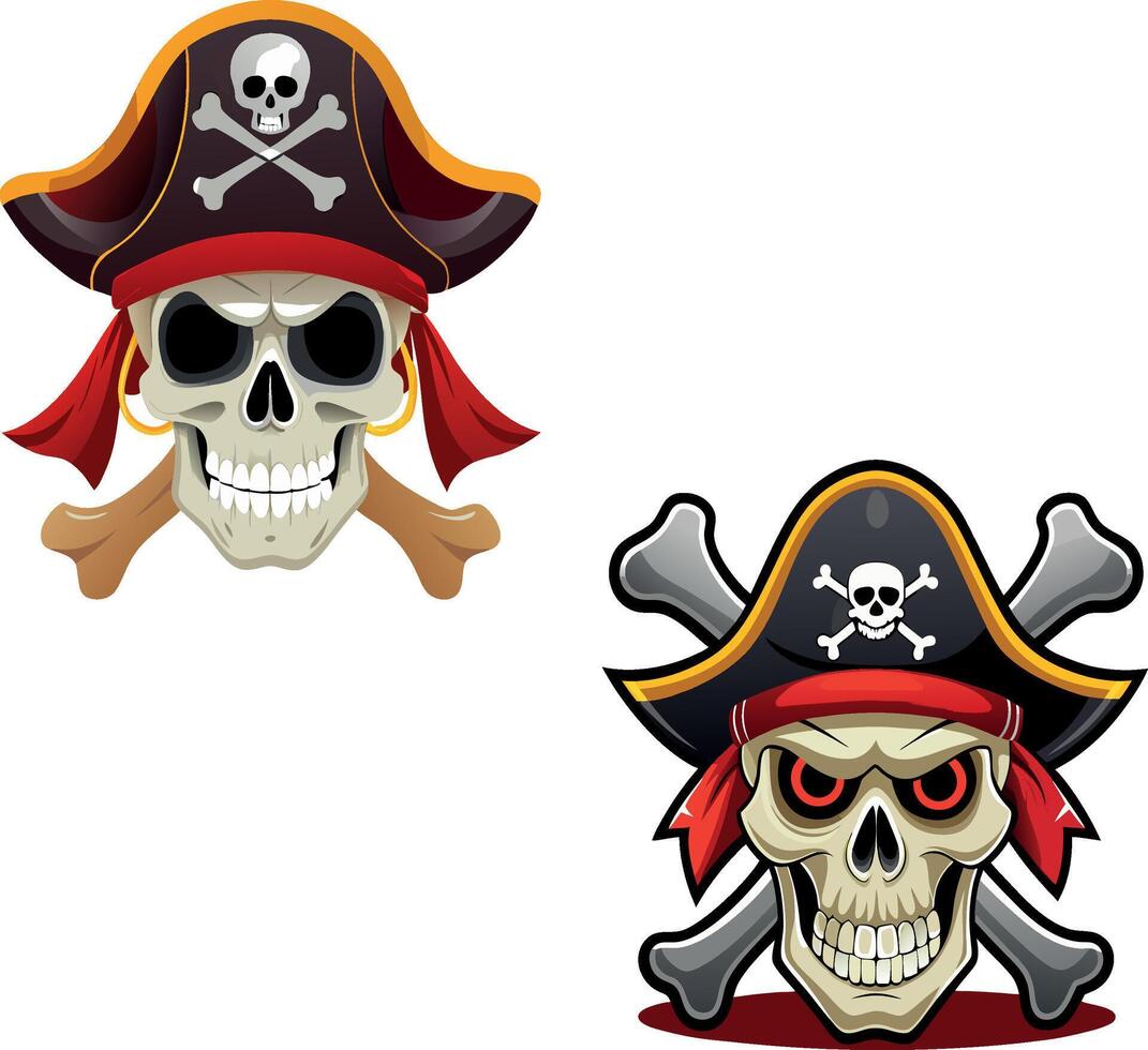 Two pirate skulls with crossed bones and bandanas wearing tricorn hats vector