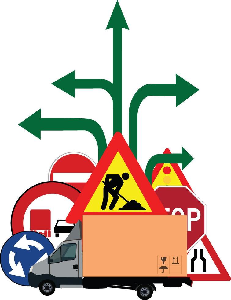 A truck with various road signs and a construction worker vector