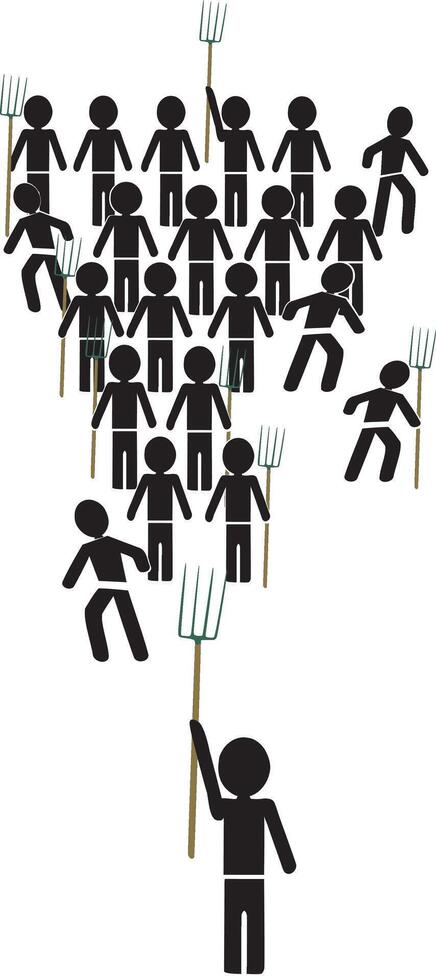 Group of farmers holding pitchforks threatening one person vector