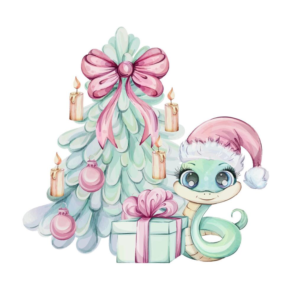 A charming snake in a Santa hat by a Christmas tree with gifts and candles, perfect for festive projects. vector