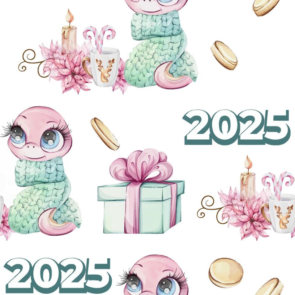 Pink snake girl in green sweater with cup and gift, candy cane and red poiscentia in watercolor style, seamless pattern. Cartoon postcard with symbol hugge of Chines New Year 2025 for souvenirs, printing, packaging. vector