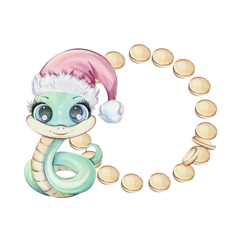Adorable Cartoon Snake in red Santa hat Featuring a Charming Crown Surrounded by a circle Frame of coins. Symbol wealth of Chines New Year 2025 in cute cartoon style for souvenirs, printing, packaging, fabric. vector