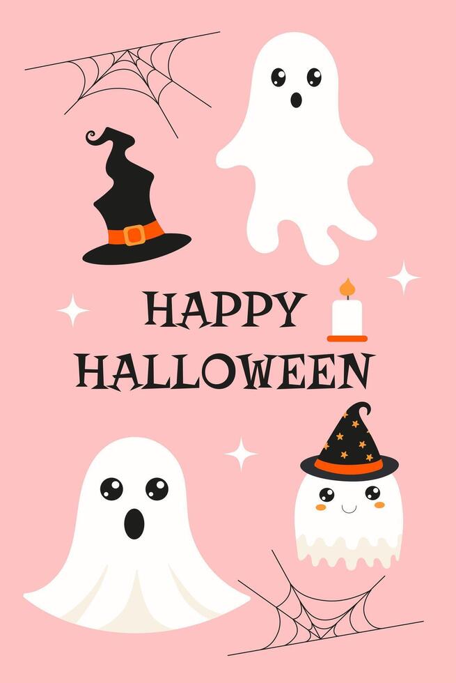 A Halloween themed poster with four ghosts and a witch. The poster says Happy Halloween and features a spider web and a candle vector