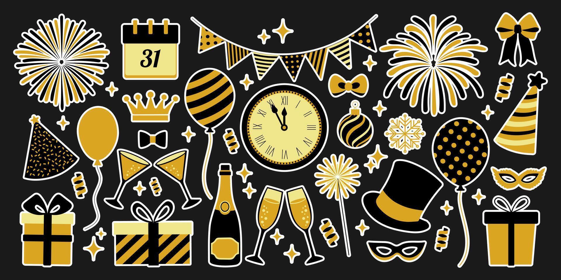 A black and gold poster with a variety of party decorations including balloons vector