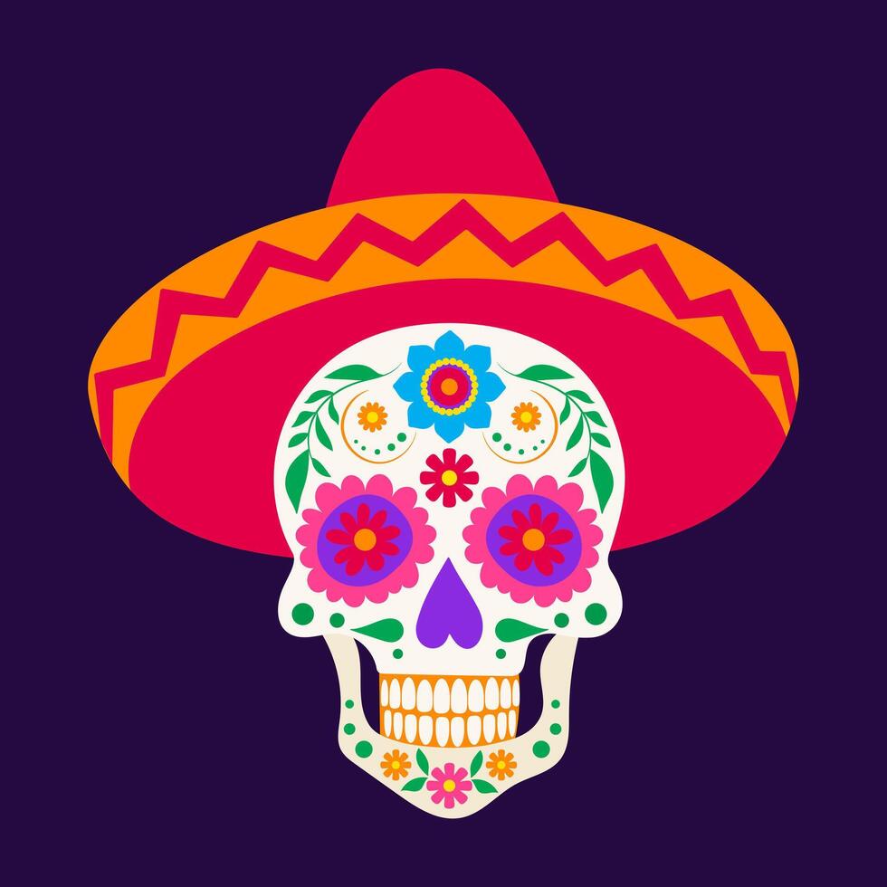 A skull with a flowery hat on top. The skull is decorated with flowers and the hat is red and orange vector