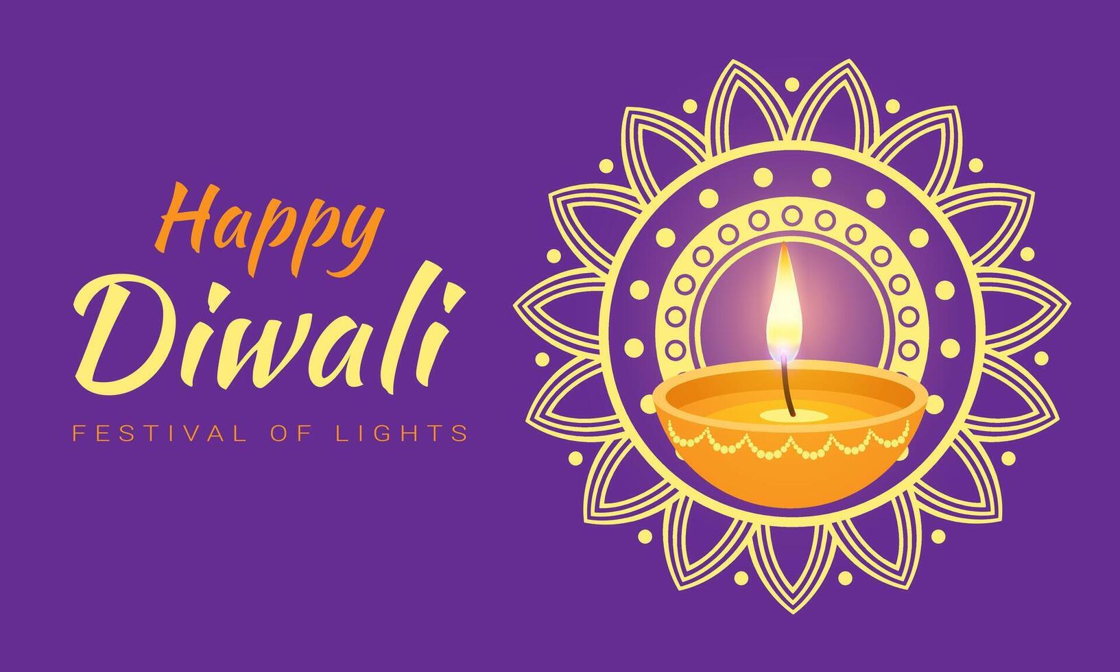 A purple background with a yellow candle in a bowl with the words Happy Diwali Festival of Lights vector