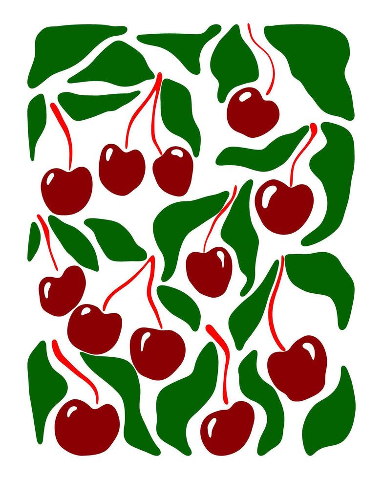 A close up of cherries with green leaves. The cherries are arranged in a pattern, with some overlapping and others standing alone vector