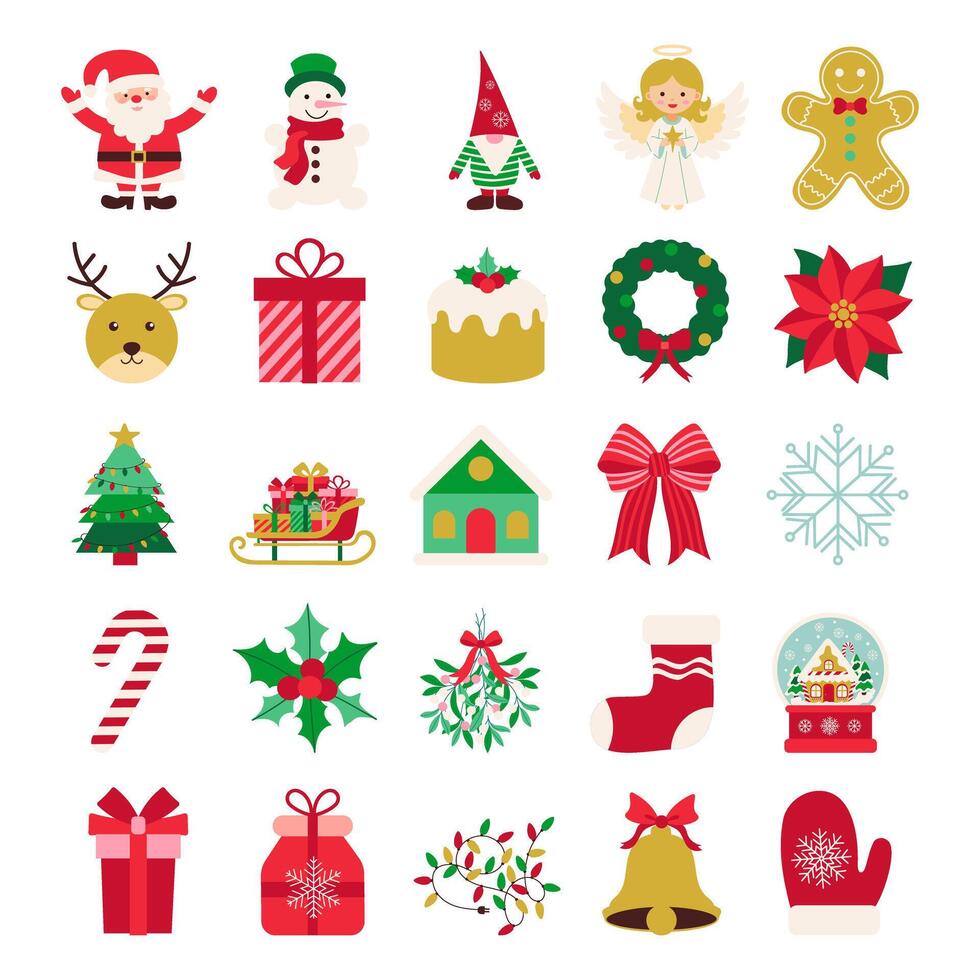 A collection of Christmas icons including Santa, reindeer, gingerbread men, and wreaths vector