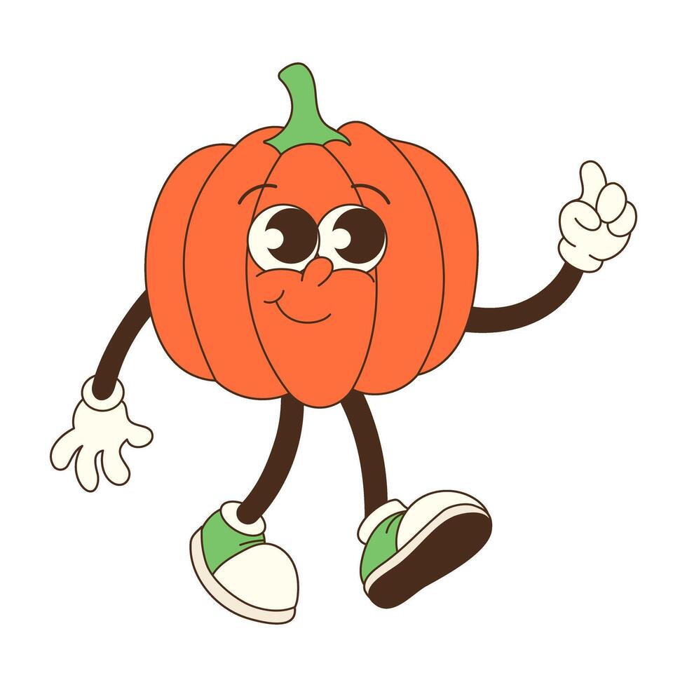 A cartoon pumpkin is walking and pointing to the right. The pumpkin is smiling and has a happy expression vector