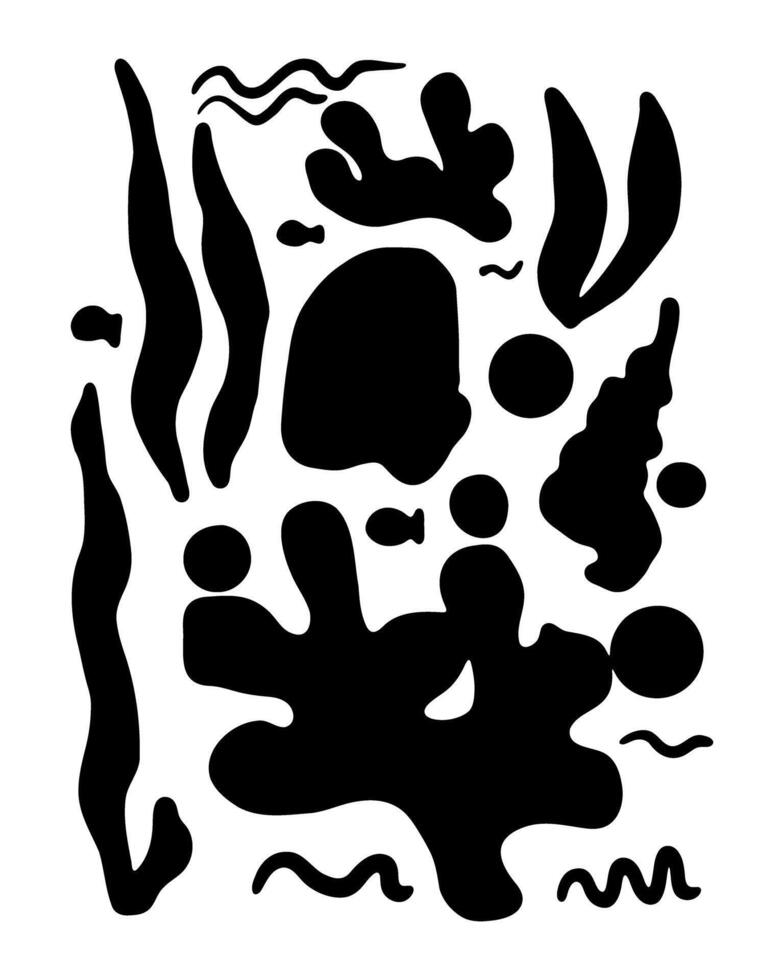 A black and white drawing of various shapes and lines, including a fish, a fish tank, and a coral reef vector