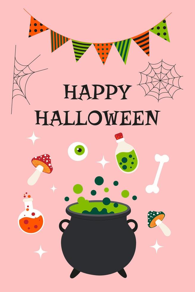 A Halloween themed card with a black cauldron and a green potion. The card says Happy Halloween and features a spider web and a skeleton vector
