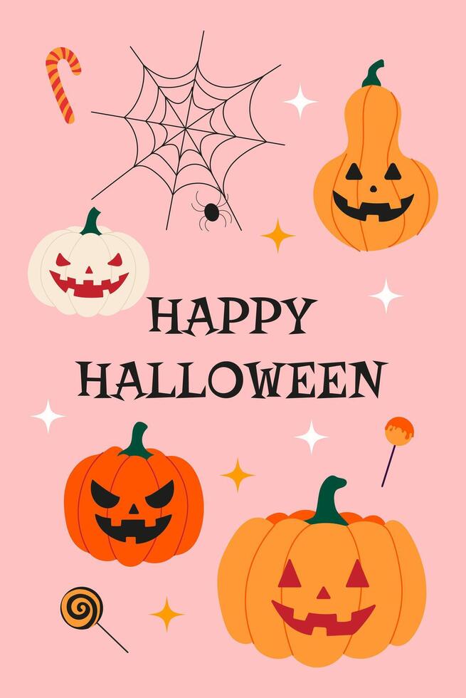 A Halloween themed poster with a spider web and pumpkins. The poster says Happy Halloween and features a variety of Halloween themed images vector