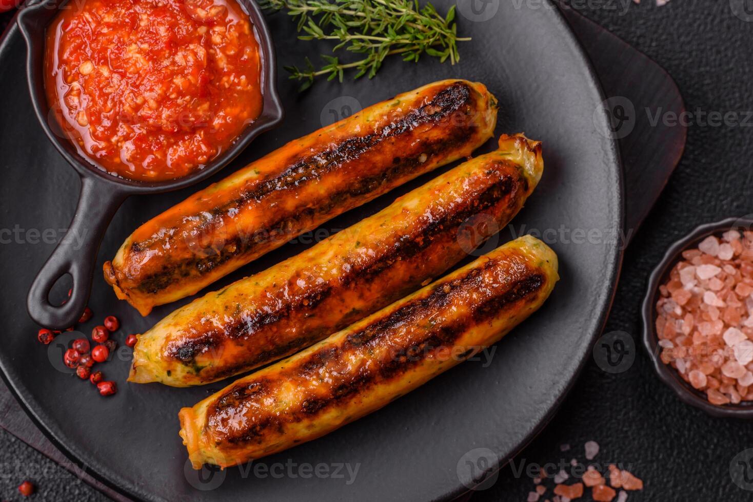 Chicken or pork sausages with salt, spices and herbs photo