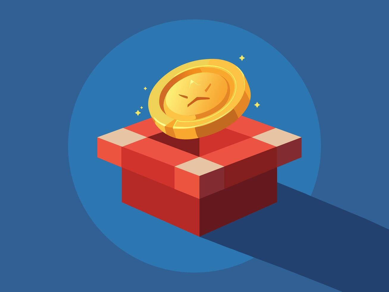 Golden Coin with Star on Red Gift Box. Reward Icon with Long Shadow vector