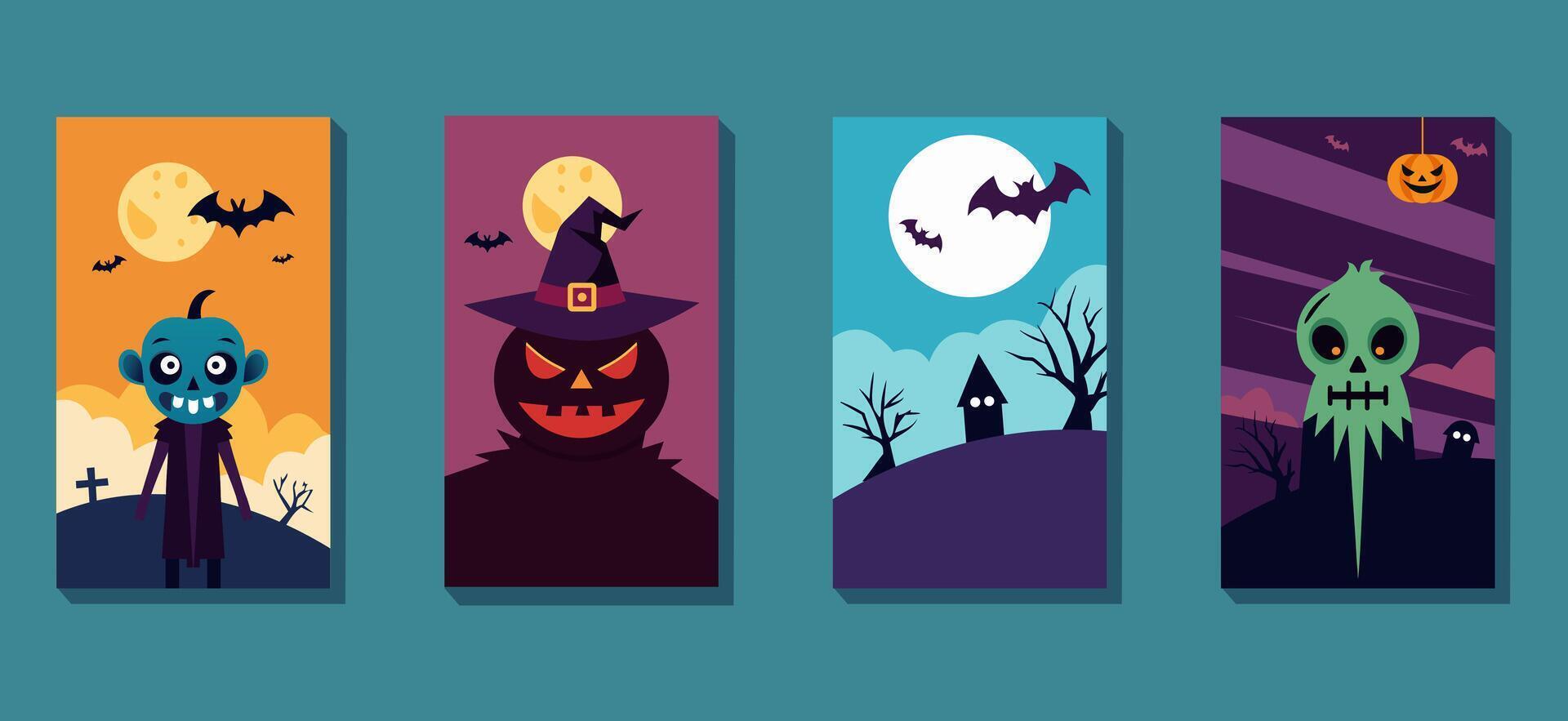 Halloween Poster Set with Spooky Characters and Haunted Landscapes vector