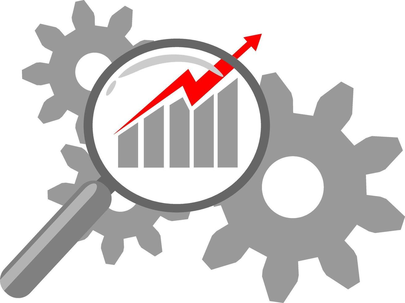 A magnifying glass is over a graph and gears vector