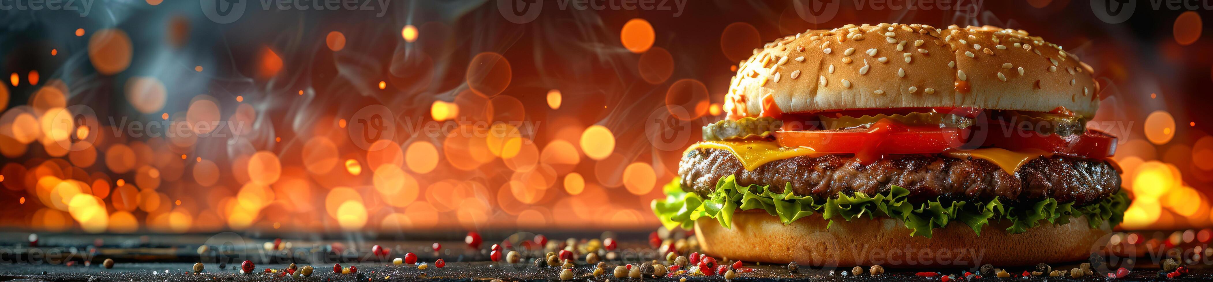 Panorama photo of a beef burger sandwich
